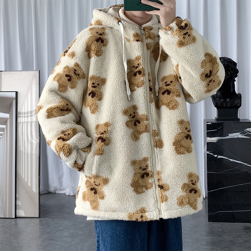 Cotton Coat Full Print Bear Sweater - Product detail 4 Men's loose-fit hooded bear print plush zipper jacket - Product detail 4