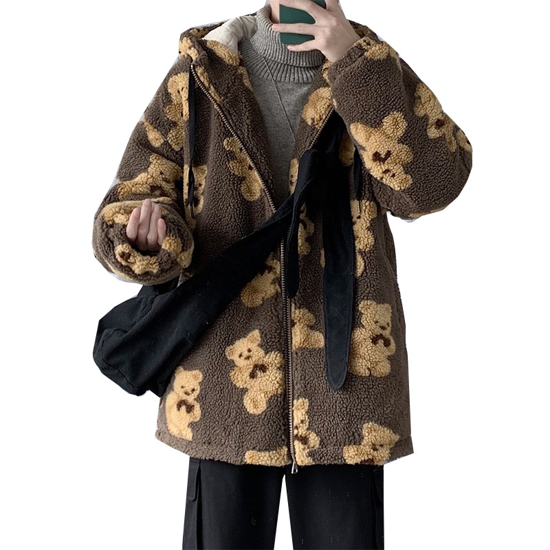 Cotton Coat Full Print Bear Sweater - Product detail 6 Men's loose-fit hooded bear print plush zipper jacket - Product detail 6