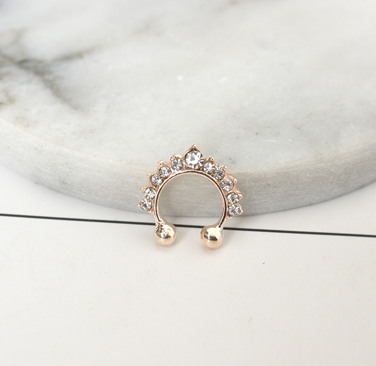 C-shaped zircon crystal fake nose ring in a metallic finish - Product view 2