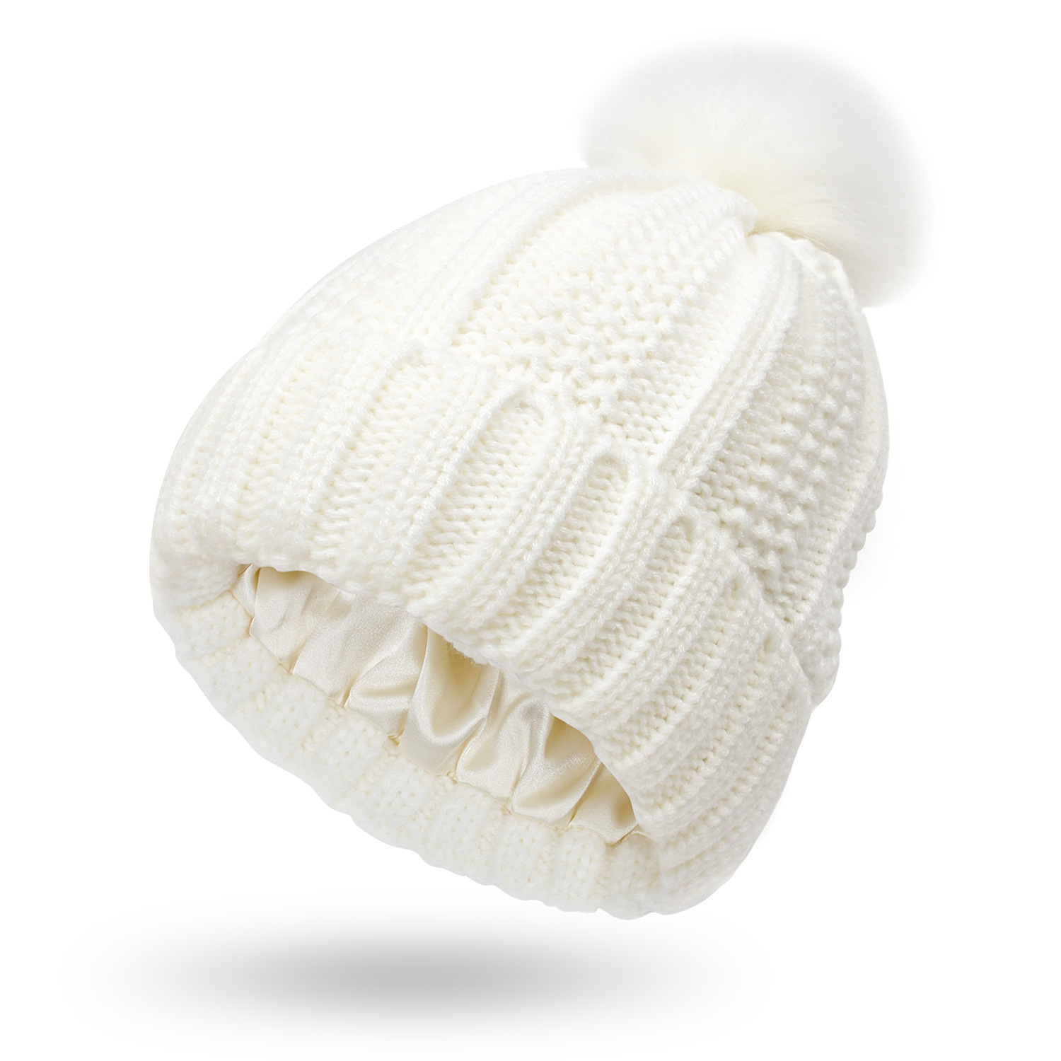 Women’s knitted beanie with satin lining and faux fur pom pom - Product view 10