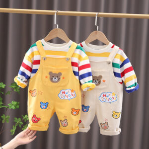 Boys' plaid shirt and strap pants outfit in yellow or beige - Main product view