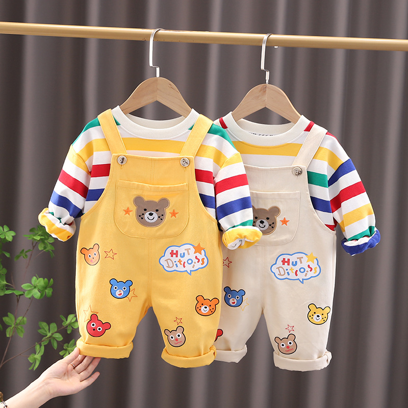 Boys' plaid shirt and strap pants outfit in yellow or beige - Main product view