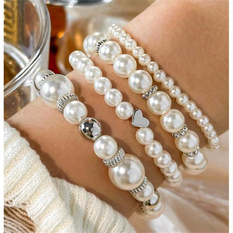 4-piece white faux pearl beaded heart bracelet set - Product view 3