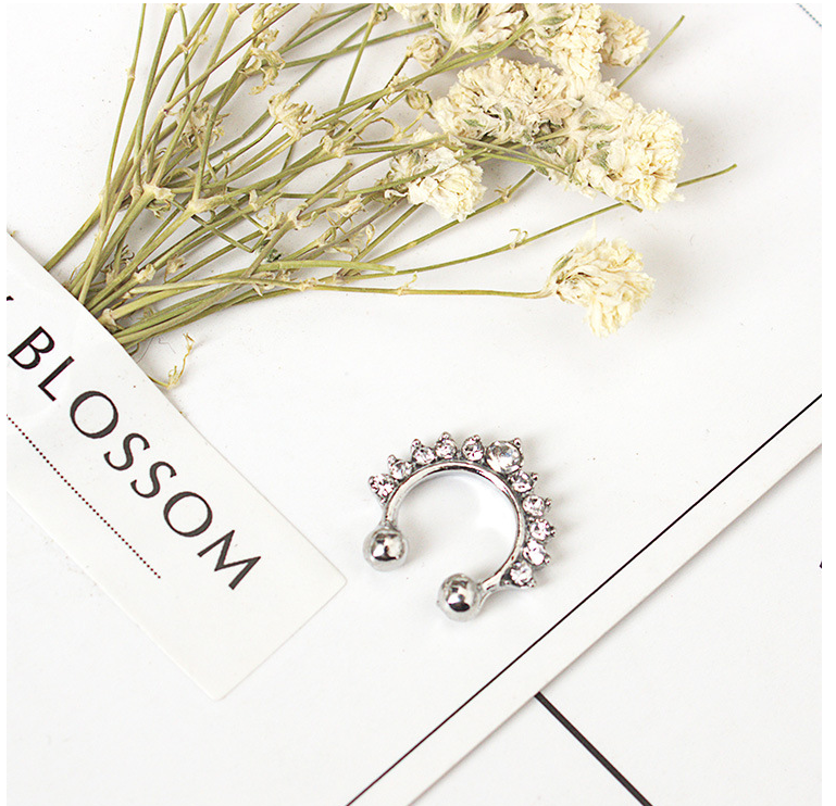 C-shaped zircon crystal fake nose ring in a metallic finish - Product view 4