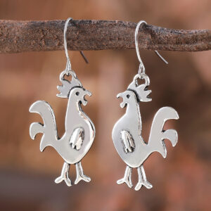 Vintage antique silver rooster pendant earrings for women - Main product view