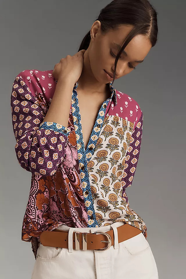 Women's animal print long-sleeve button-front shirt with contrast-color details - Product view 3