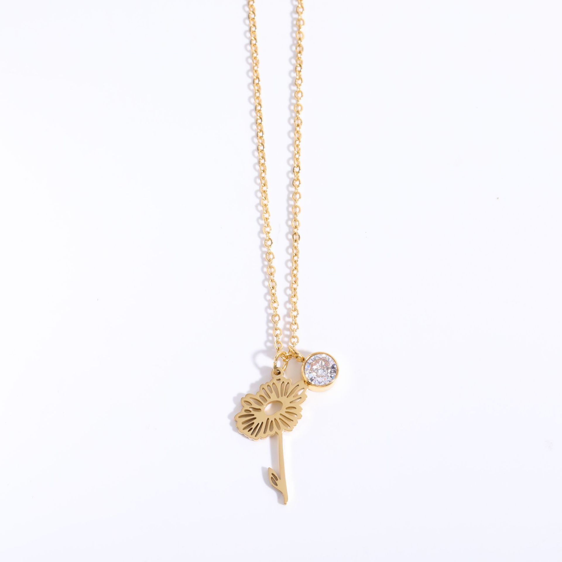 Minimalist floral birthstone necklace with titanium steel pendant and chain - Product view 4