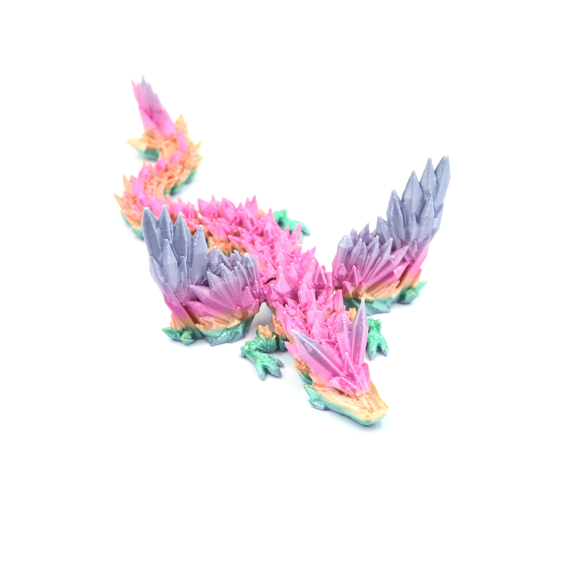 3D-printed crystal dragon with jointed movable wings in a colorful gradient finish - Product view 5