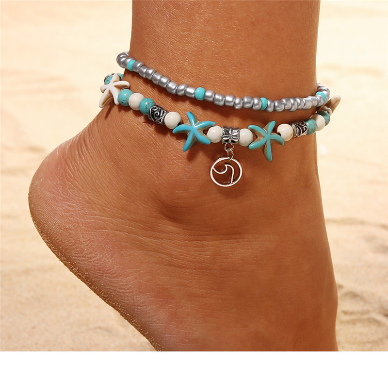 Turquoise turtle and starfish pendant anklet - Product view 4