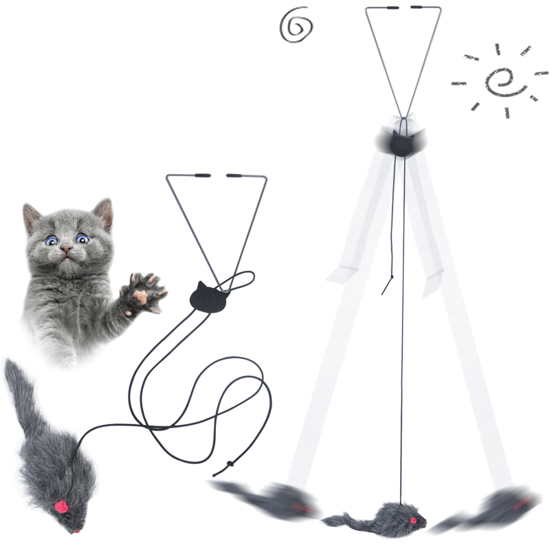 Hanging mouse-shaped plush cat toy with adjustable elastic rope - Main product view