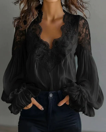 Women’s lace-trimmed puff-sleeve pleated shirt in black and white - Product view 1