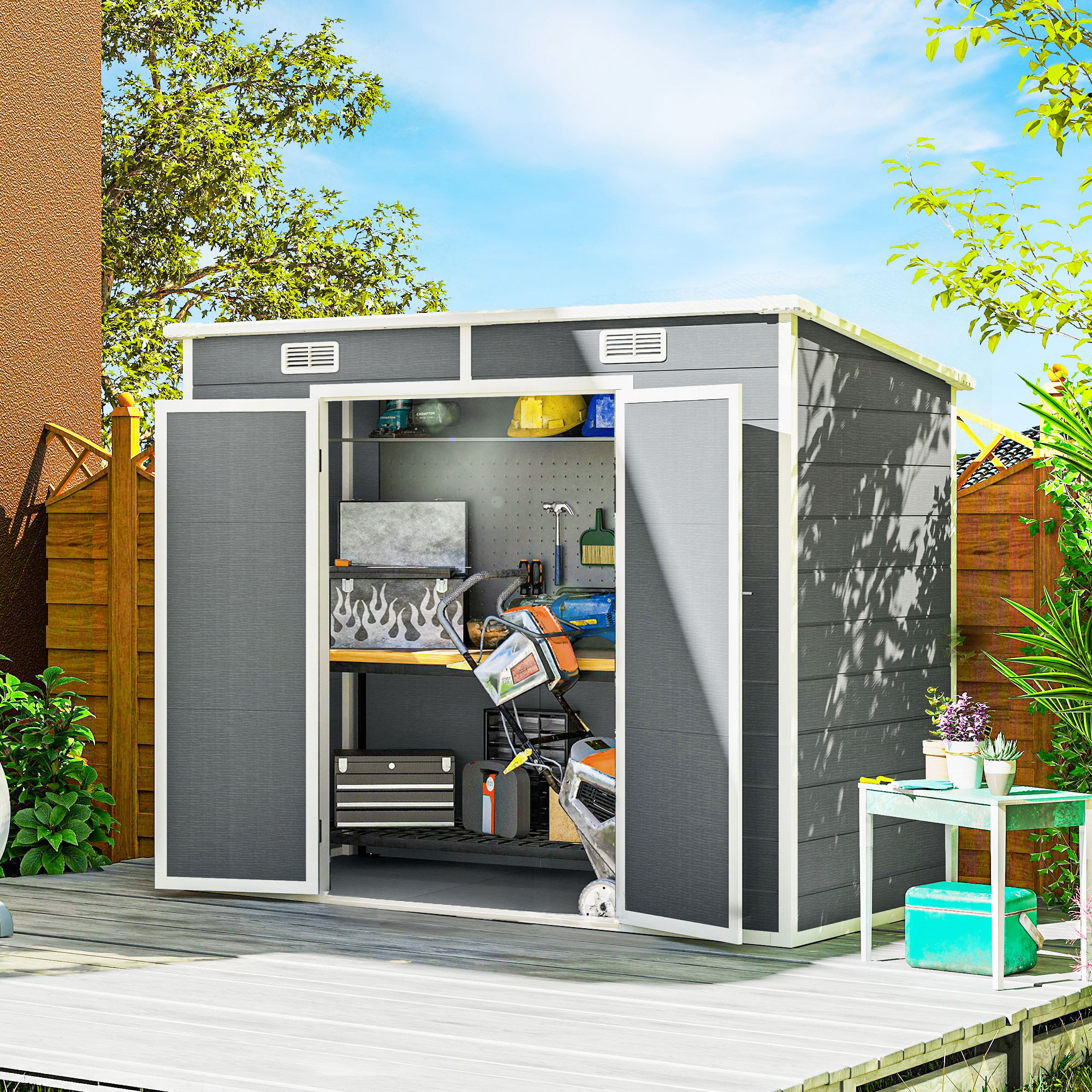 Gray 8 x 4 ft plastic outdoor storage shed with floor, window, vents, and lockable double doors - Main product view