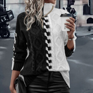 Black and white contrast knit pullover sweater with long sleeves - Main product view