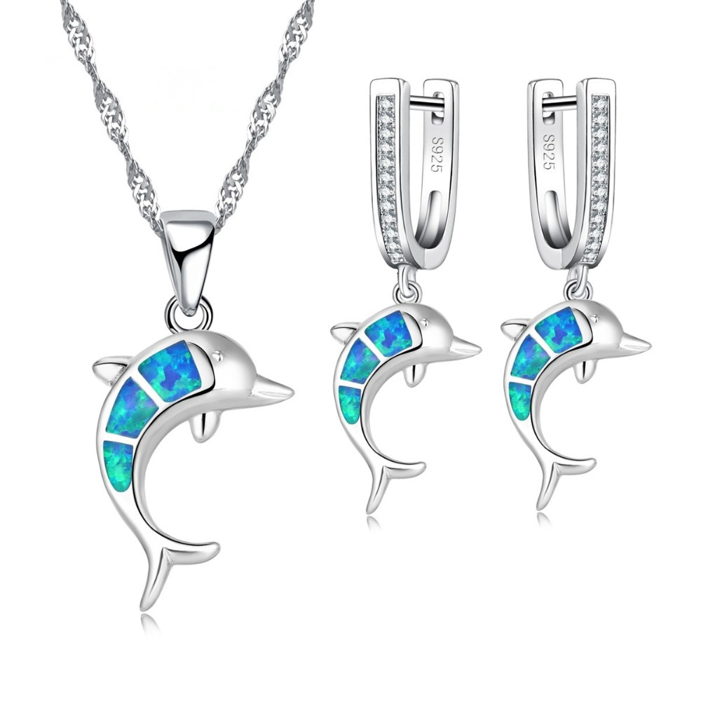 Gold-plated dolphin necklace and earrings set with opal-style detailing - Product view 3