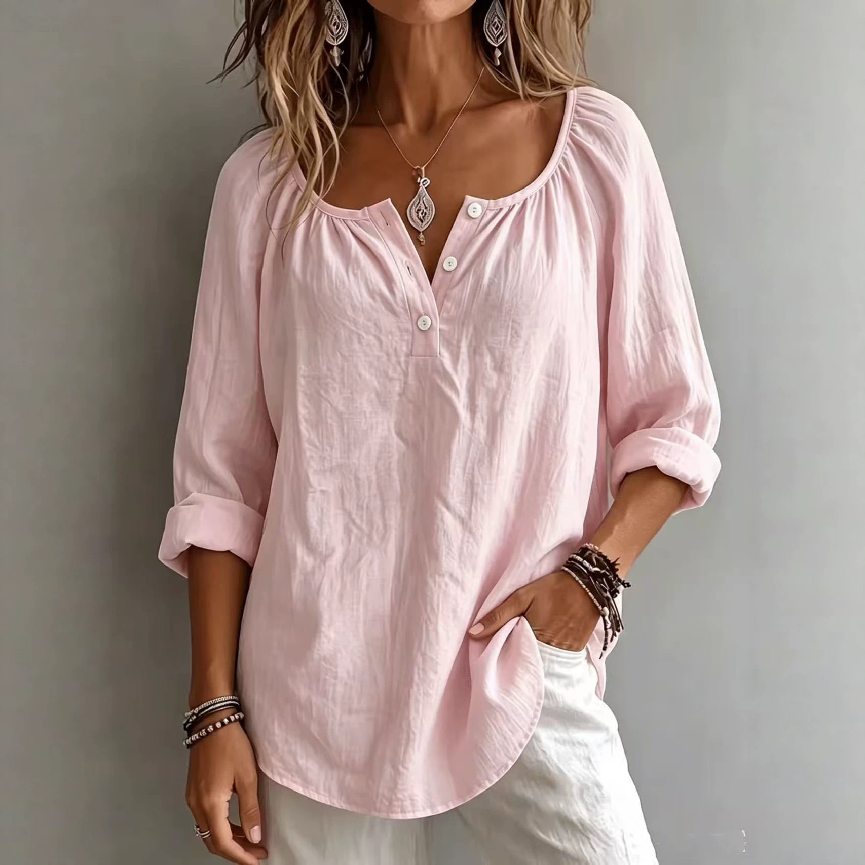 Women's casual cotton-linen V-neck long-sleeve pullover top in a solid color - Product view 1