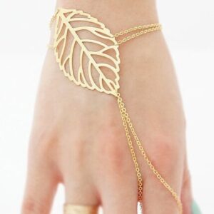 Women's hollow leaf finger chain bangle bracelet in gold-tone or silver-tone - Main product view