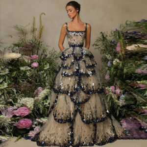 Women's black puffy skirt dress with sequin pin-bead detailing - Main product view