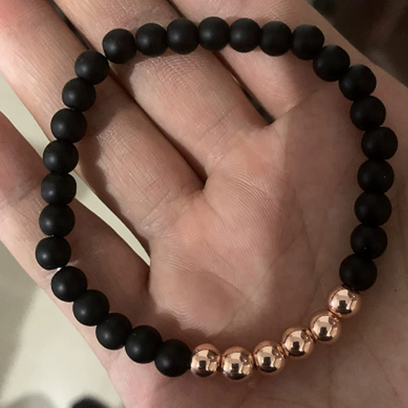 6mm matte black copper bead bracelet with crown-style inlay - Product view 8