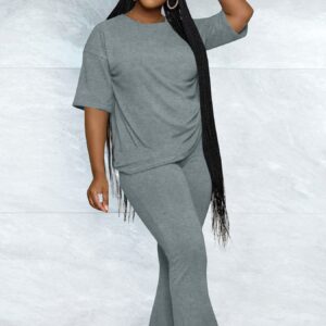 Women’s casual solid-color two-piece top and full-length pants set - Main product view