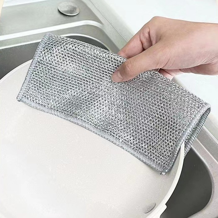 Steel Wire Rag Mesh Dishcloth Oil-free - Product detail 5 Silver plaid nylon mesh dishcloth for pots and bowls - Product detail 5