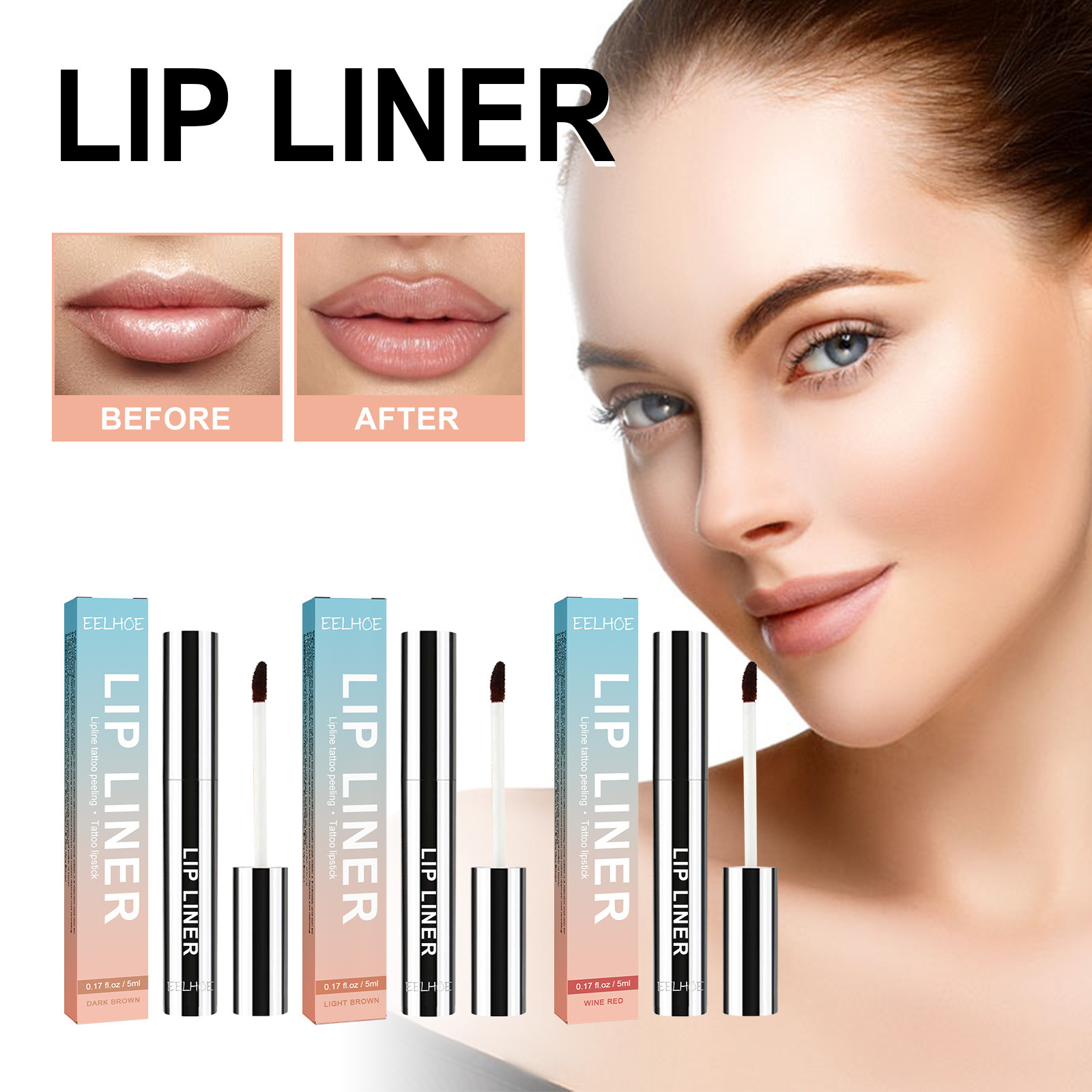 5 ml waterproof lip liner pencil in light brown, dark brown, or wine red - Main product view