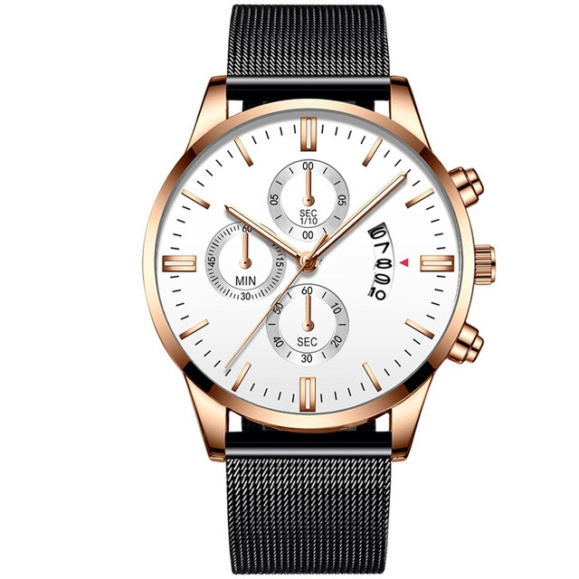 Men’s stainless steel mesh band analog quartz watch with decorative subdial - Product view 8