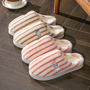 Striped plush unisex winter slippers with embroidered lettering - Main product view