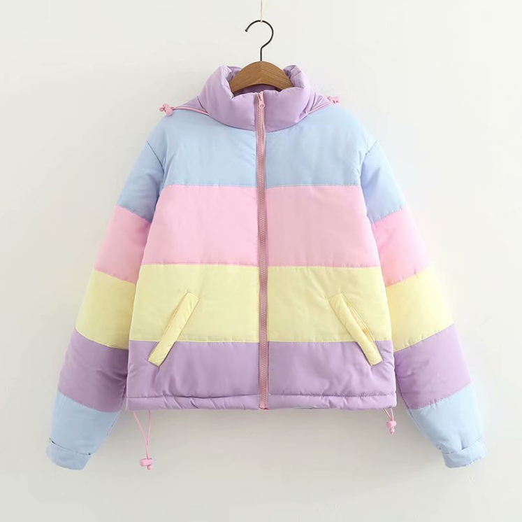 Blue loose-fit padded coat jacket with rainbow contrast details - Main product view