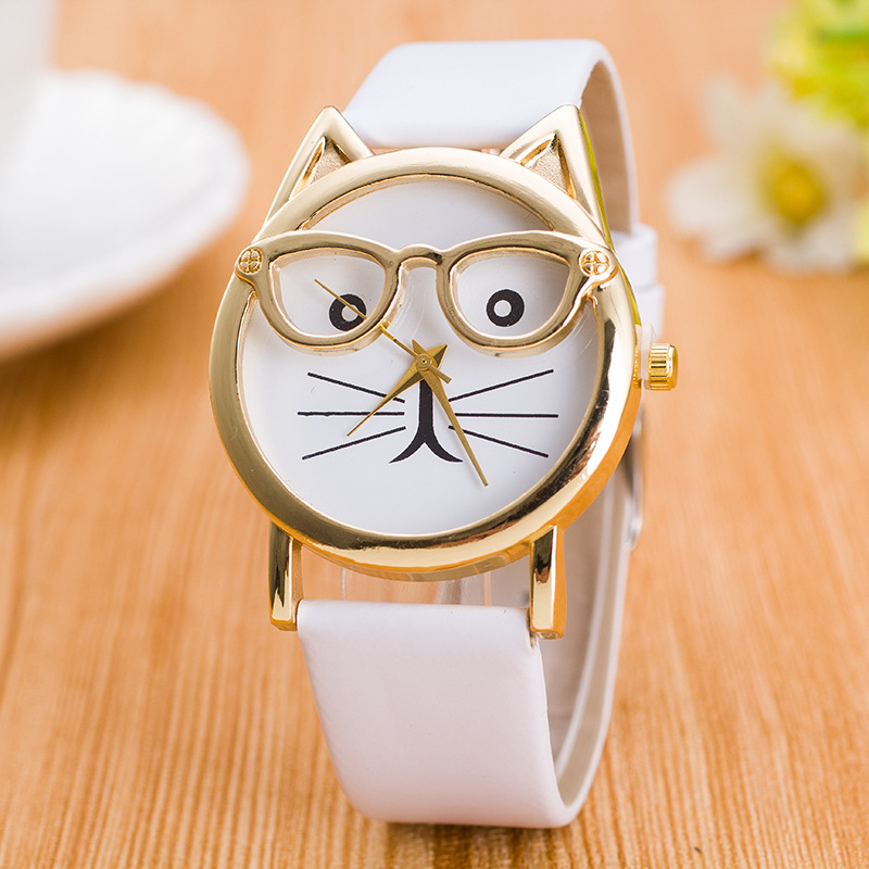 Children’s cartoon cat-face quartz wristwatch with rectangular dial and PU strap - Product view 8