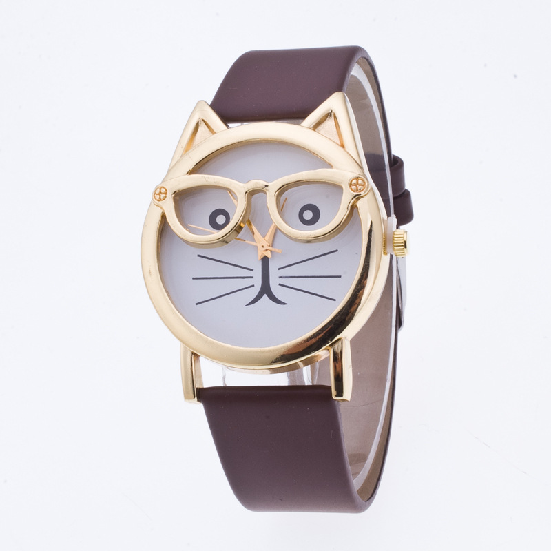 Children’s cartoon cat-face quartz wristwatch with rectangular dial and PU strap - Product view 7