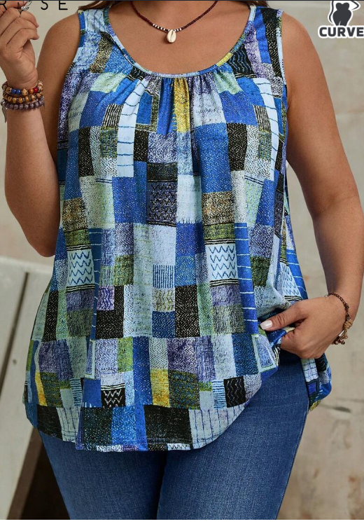 Women's geometric printed pleated round neck tank top - Product view 2