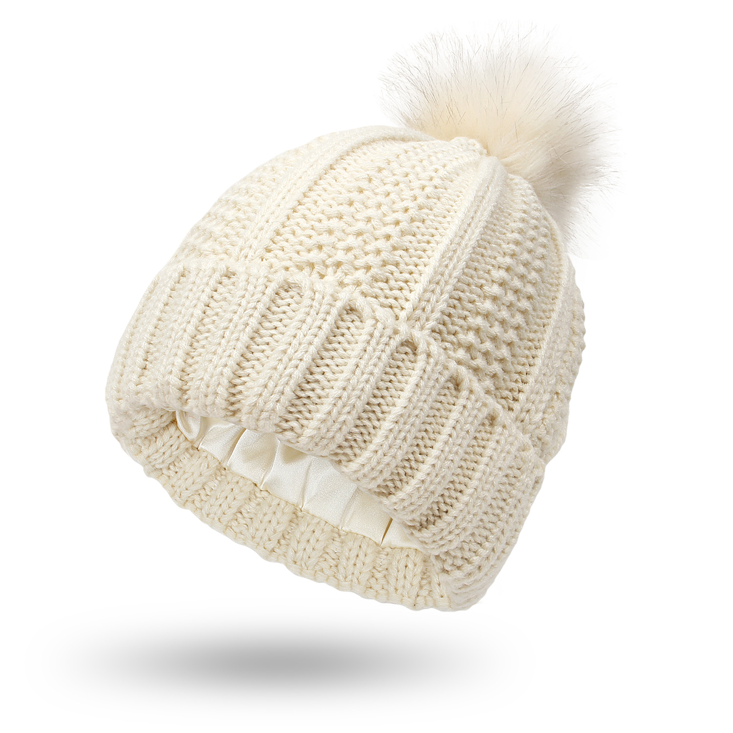 Women’s knitted beanie with satin lining and faux fur pom pom - Product view 8