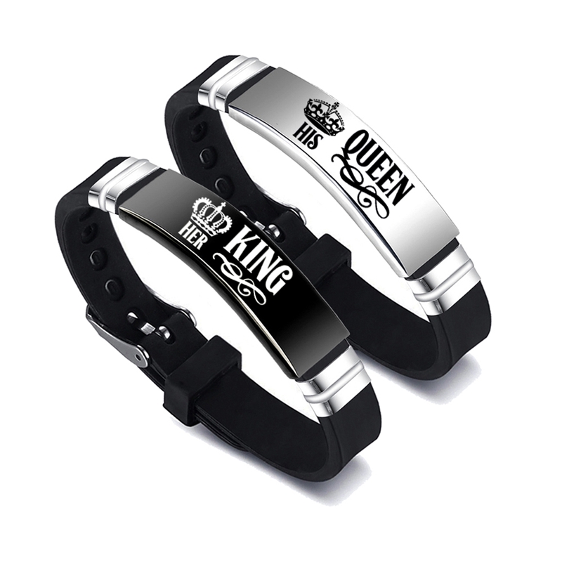 Black and silver His King Her Queen matching couple bracelet set with crown and letter charms - Product view 1