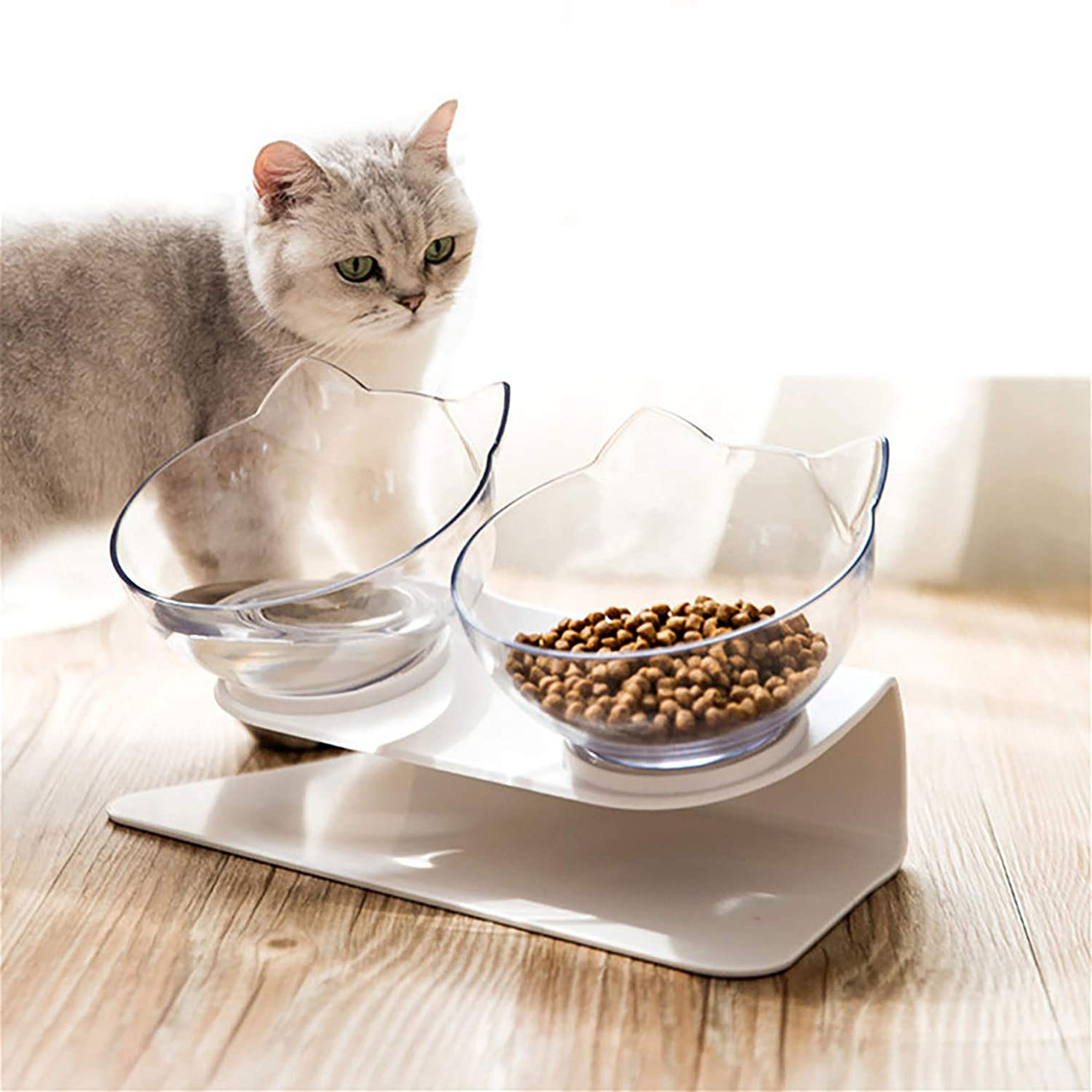15-degree tilted elevated cat feeder stand with transparent bowl - Main product view