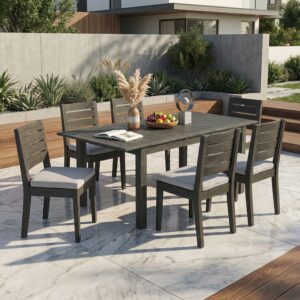 7-piece extendable acacia wood outdoor dining set with dark grey table and cushioned chairs - Main product view