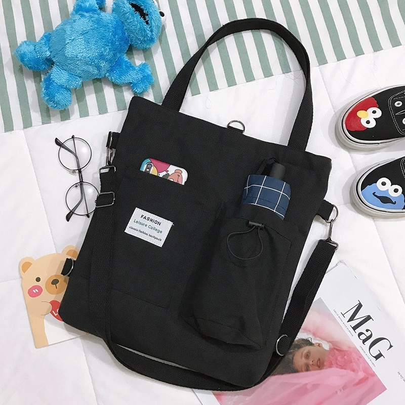 Harajuku canvas backpack with pockets, zipper and letter print - Product view 11