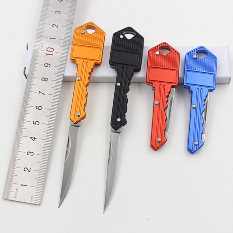 Mini folding key knife with aluminum handle and stainless steel blade - Blue