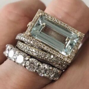 Silver-colored geometric three-piece couple ring set with chamfered square detailing - Main product view