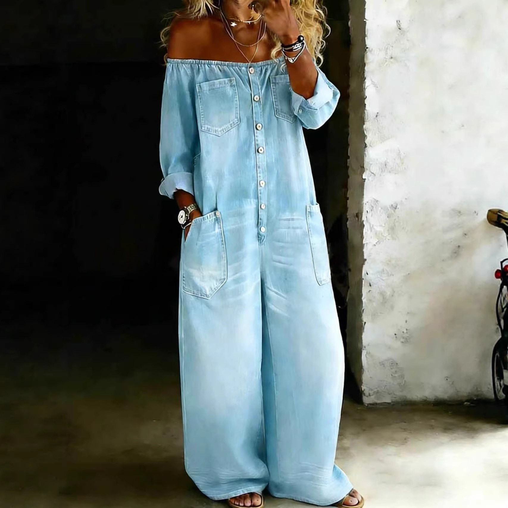 Women's off-shoulder denim jumpsuit with pockets - Product view 3