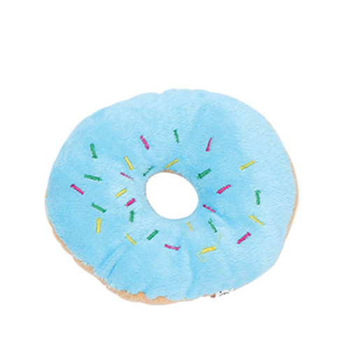 Donut-shaped plush squeaky dog toy in coffee, pink, and blue - Product view 7