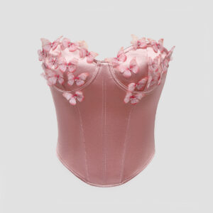 Pink satin strapless tube top with dimensional butterfly detail - Main product view