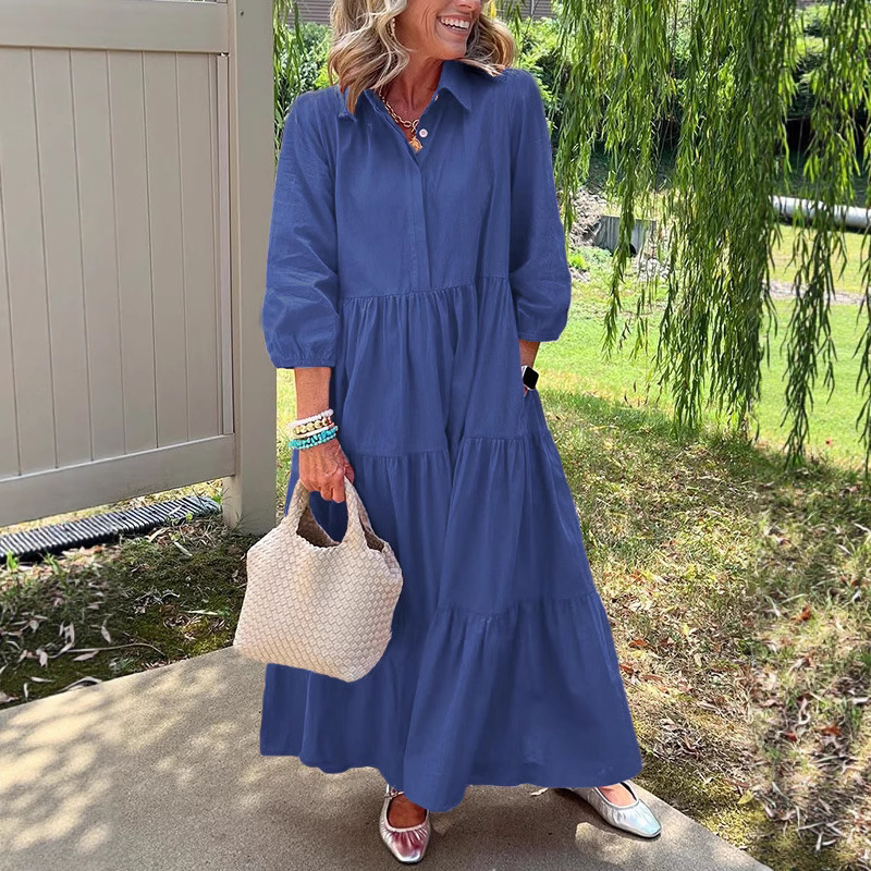 Women's casual loose solid-color A-line dress with lapels and pocket - Main product view