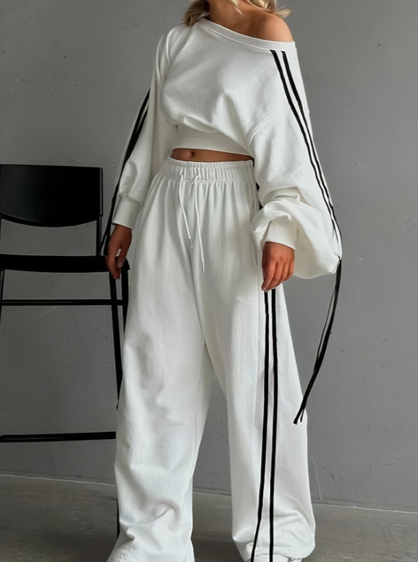 Off-shoulder cropped top and high-waisted wide-leg pants casual set - Product view 7
