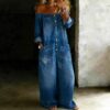 Women's off-shoulder denim jumpsuit with pockets - Main product view