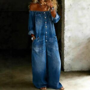 Women's off-shoulder denim jumpsuit with pockets - Main product view