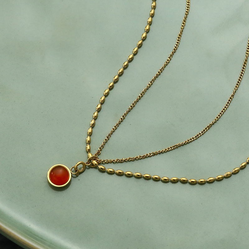 Vintage women's double-layer natural stone pendant necklace with geometric titanium steel pendant - Product view 3