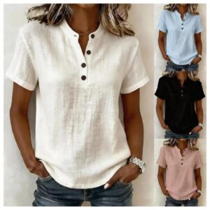 Women's solid-color V-neck short-sleeve pullover top with button detail - Main product view