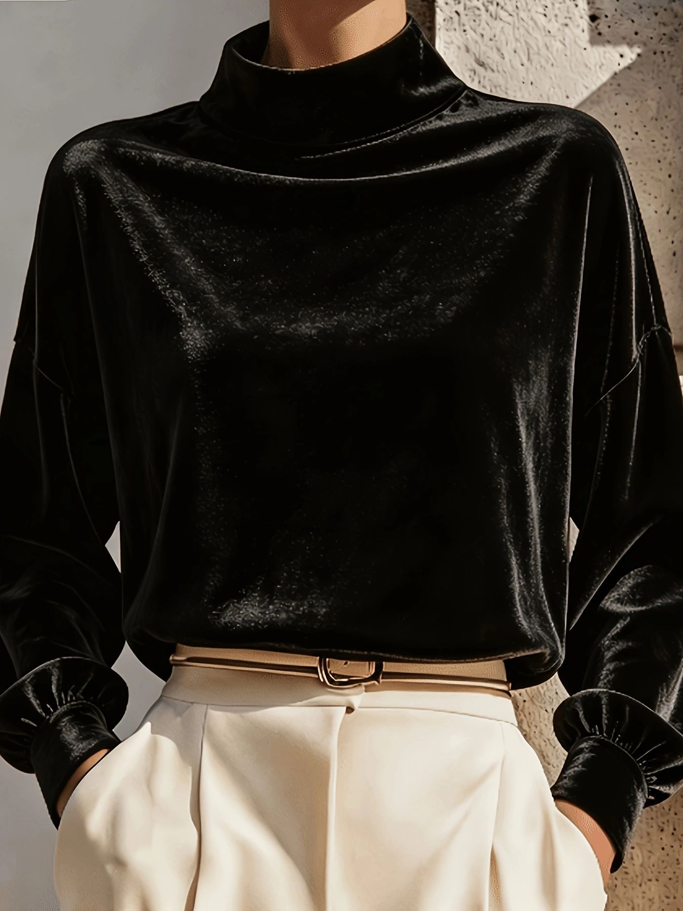 Loose-fit long-sleeve turtleneck casual top in black - Product view 9