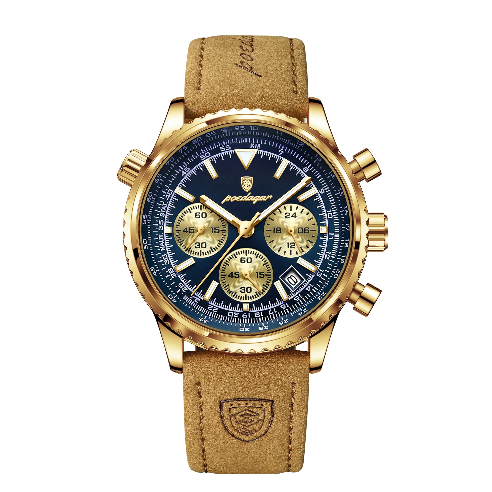 Men’s multifunctional quartz watch with genuine leather strap and night light - Product view 7