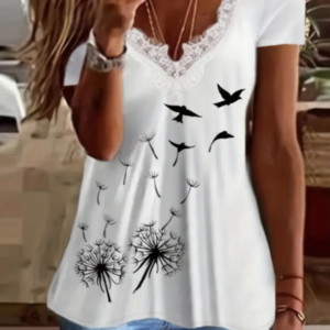 Color-block short-sleeve T-shirt with lace detailing and dandelion print - Main product view